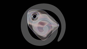 3D rendering of distorted transparent soap bubble in shape of symbol of tag isolated on black background