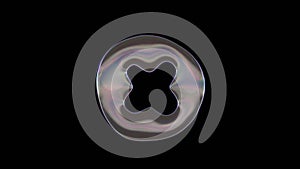 3D rendering of distorted transparent soap bubble in shape of symbol of times circle isolated on black background