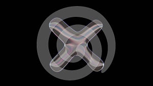 3D rendering of distorted transparent soap bubble in shape of symbol of times isolated on black background