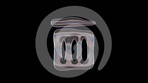 3D rendering of distorted transparent soap bubble in shape of symbol of trash alt isolated on black background