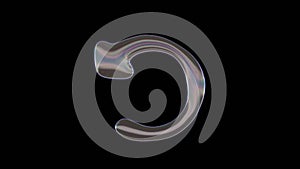 3D rendering of distorted transparent soap bubble in shape of symbol of undo alt isolated on black background