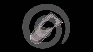 3D rendering of distorted transparent soap bubble in shape of symbol of vial isolated on black background