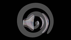 3D rendering of distorted transparent soap bubble in shape of symbol of volume up isolated on black background