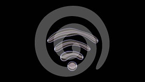 3D rendering of distorted transparent soap bubble in shape of symbol of Wi-Fi 1 isolated on black background