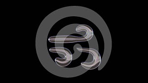 3D rendering of distorted transparent soap bubble in shape of symbol of wind isolated on black background