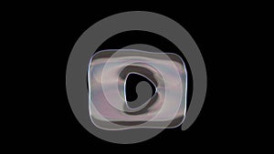 3D rendering of distorted transparent soap bubble in shape of symbol of YouTube logo isolated on black background