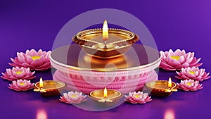 3D rendering for diwali festival Diwali, Deepavali or Dipavali the festival of lights india with gold diya patterned on color