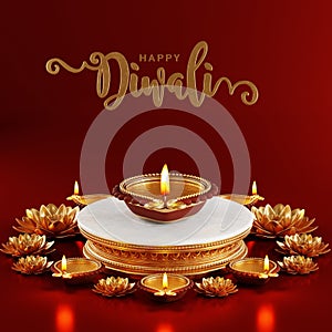 3D rendering for diwali festival Diwali, Deepavali or Dipavali the festival of lights india with gold diya patterned on color