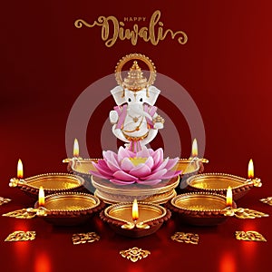 3D rendering for diwali festival Diwali, Deepavali or Dipavali the festival of lights india with gold diya patterned on color