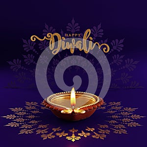 3D rendering for diwali festival Diwali, Deepavali or Dipavali the festival of lights india with gold diya patterned on color