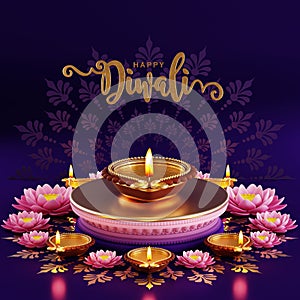 3D rendering for diwali festival Diwali, Deepavali or Dipavali the festival of lights india with gold diya patterned on color