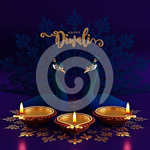 3D rendering for diwali festival Diwali, Deepavali or Dipavali the festival of lights india with gold diya patterned on color