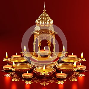 3D rendering for diwali festival Diwali, Deepavali or Dipavali the festival of lights india with gold diya patterned on color