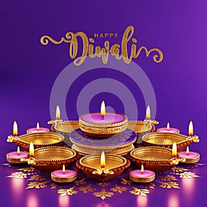 3D rendering for diwali festival Diwali, Deepavali or Dipavali the festival of lights india with gold diya patterned on color