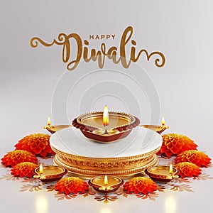 3D rendering for diwali festival Diwali, Deepavali or Dipavali the festival of lights india with gold diya patterned on color