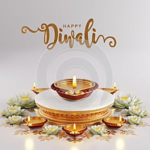 3D rendering for diwali festival Diwali, Deepavali or Dipavali the festival of lights india with gold diya patterned on color