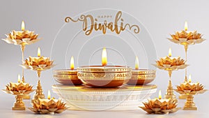 3D rendering for diwali festival Diwali, Deepavali or Dipavali the festival of lights india with gold diya on podium, patterned