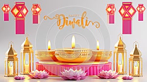 3D rendering for diwali festival Diwali, Deepavali or Dipavali the festival of lights india with gold diya on podium, patterned