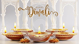 3D rendering for diwali festival Diwali, Deepavali or Dipavali the festival of lights india with gold diya on podium, patterned