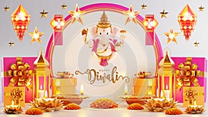 3D rendering for diwali festival Diwali, Deepavali or Dipavali the festival of lights india with gold diya on podium, patterned