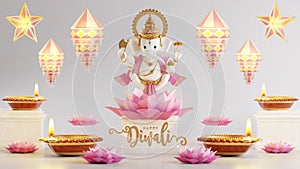 3D rendering for diwali festival Diwali, Deepavali or Dipavali the festival of lights india with gold diya on podium, patterned