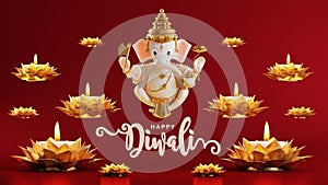 3D rendering for diwali festival Diwali, Deepavali or Dipavali the festival of lights india with gold diya on podium, patterned