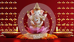 3D rendering for diwali festival Diwali, Deepavali or Dipavali the festival of lights india with gold diya on podium, patterned