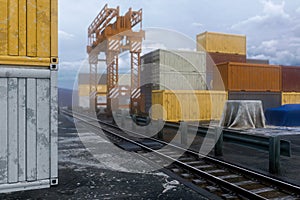 3D rendering of a docklands yard with railway track and crane between stacks of shipping containers