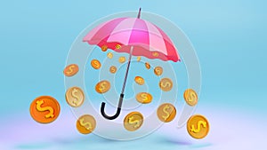 3D rendering of dollar coins fall from umbrella, fast economic growth and income, financial savings insurance, Wealth and