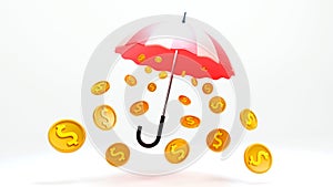 3D rendering of dollar coins fall from umbrella, fast economic growth and income, financial savings insurance, Wealth and