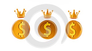 3D rendering of dollar coins with a golden crown on white background, king money icon symbol, Finance and business concept