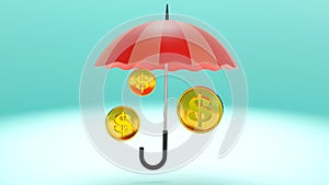 3D rendering of dollar coins under an umbrella, business income protection, safe income, financial savings insurance, Investments