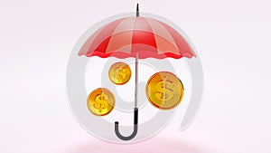 3D rendering of dollar coins under an umbrella, business income protection, safe income, financial savings insurance, Investments