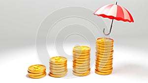 3D rendering of dollar coins under an umbrella, business income protection, safe income, financial savings insurance, Investments