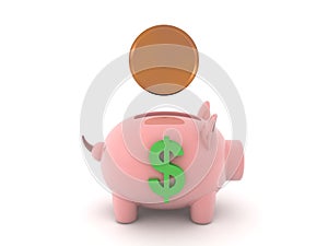 3D Rendering of dollar piggy bank and coin