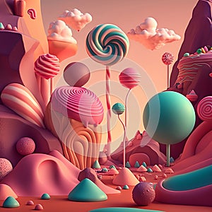3D rendering. A dream like world. Made from candies and sweets. cartoon game background