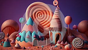 3D rendering. A dream like world. Made from candies and sweets. cartoon game background