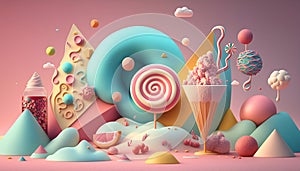 3D rendering. A dream like world. Made from candies and sweets. cartoon game background