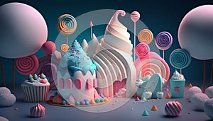 3D rendering. A dream like world. Made from candies and sweets. cartoon game background