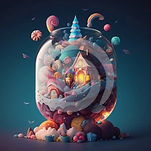 3D rendering. A dream like world. Made from candies and sweets. cartoon game background