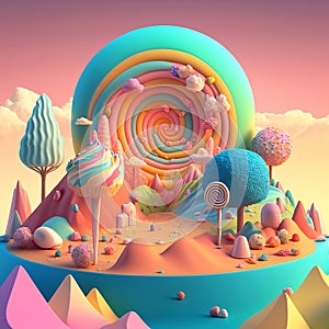 3D rendering. A dream like world. Made from candies and sweets. cartoon game background