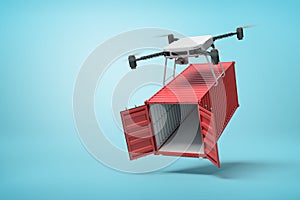 3d rendering of drone lifting opened red shipping container on blue background