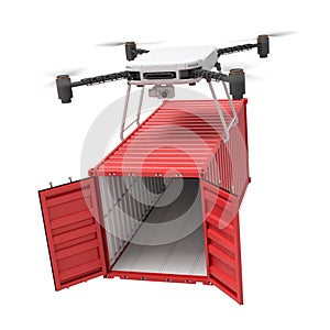 3d rendering of drone lifting opened red shipping container isolated on white background