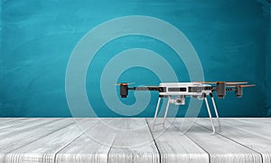 3d rendering of drone on white wooden floor and dark turquoise background