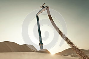 3d rendering of dune landscape with sand flowing spigot. Concept of water shortage
