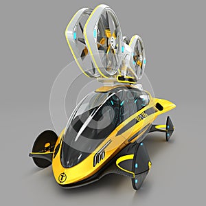 3D rendering of an e-taxi self-propelled Quadcopter drone with two passengers.