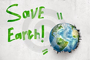 3d rendering of earth globe breaking white wall with green `Save Earth` sign