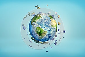 3d rendering of Earth globe getting crushed into small pieces with the cracked parts flying away.