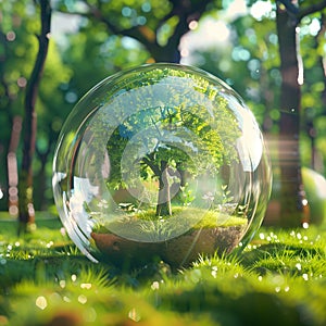 3D rendering of Earth globe with green trees inside a glass sphere