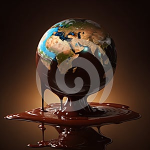 3d rendering of earth melting in chocolate with reflection on brown background